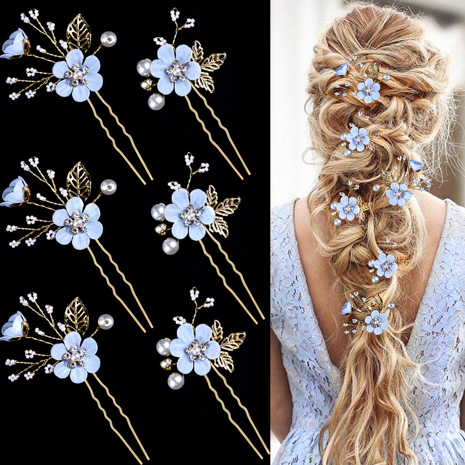 LAPOHI front view of six gold crystal pearl hair pins, elegant bridal accent