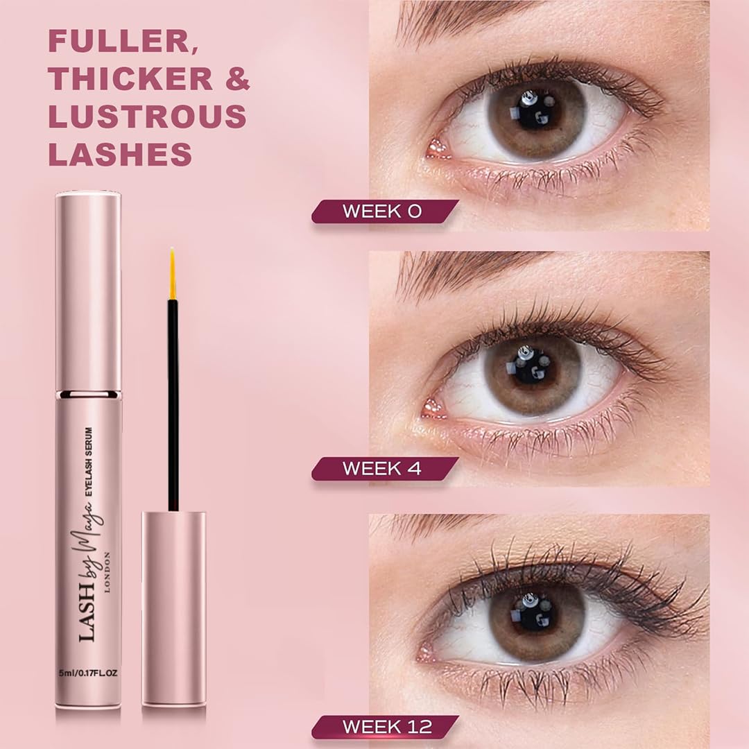 LASH by Maya LONDON before and after illustration showing fuller-looking lashes with consistent use