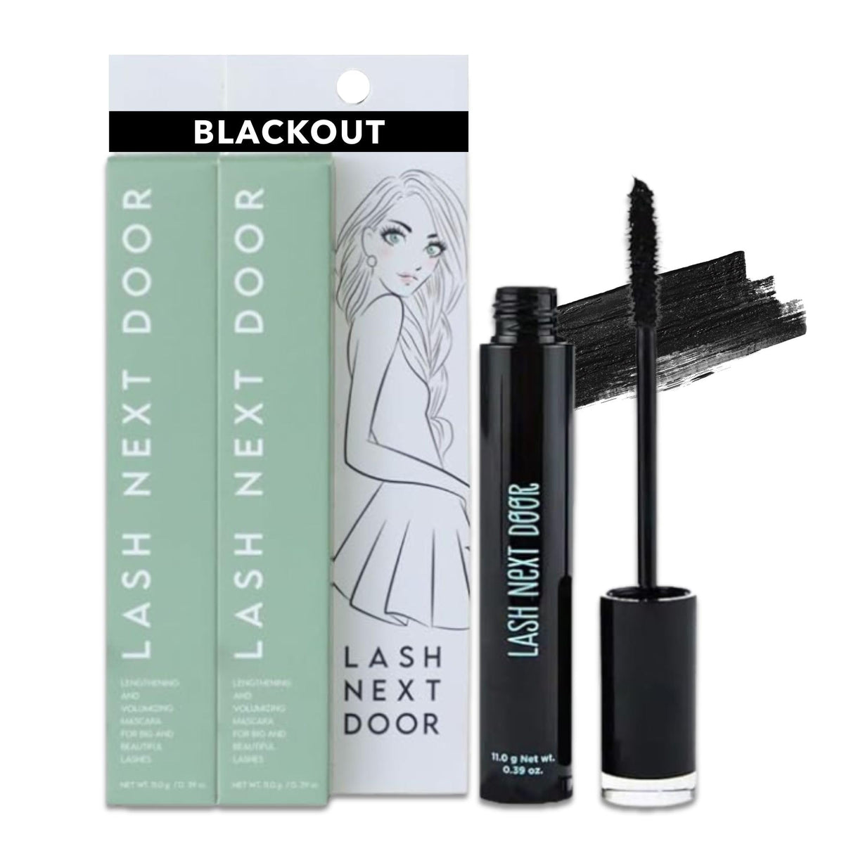 Lash Next Door front packaging showing two tubes and bold black finish benefit