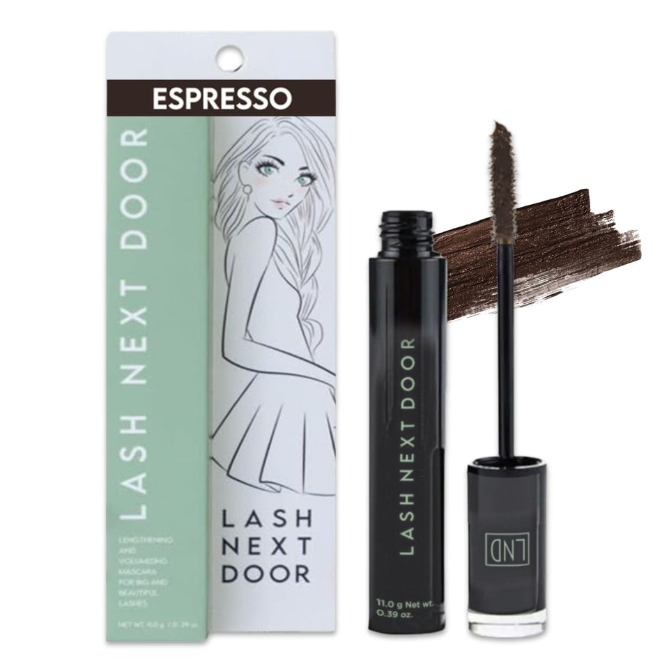 Lash Next Door front packaging shows espresso brown tube and label, appealing everyday look