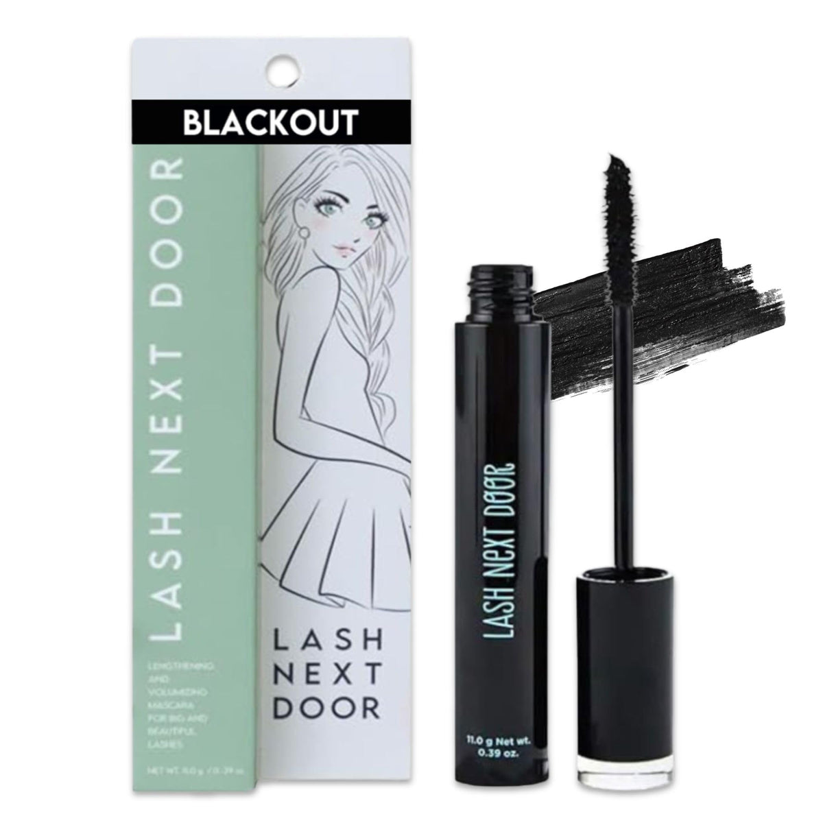Lash Next Door front packaging showing bold black tube and branding benefit: clear identity