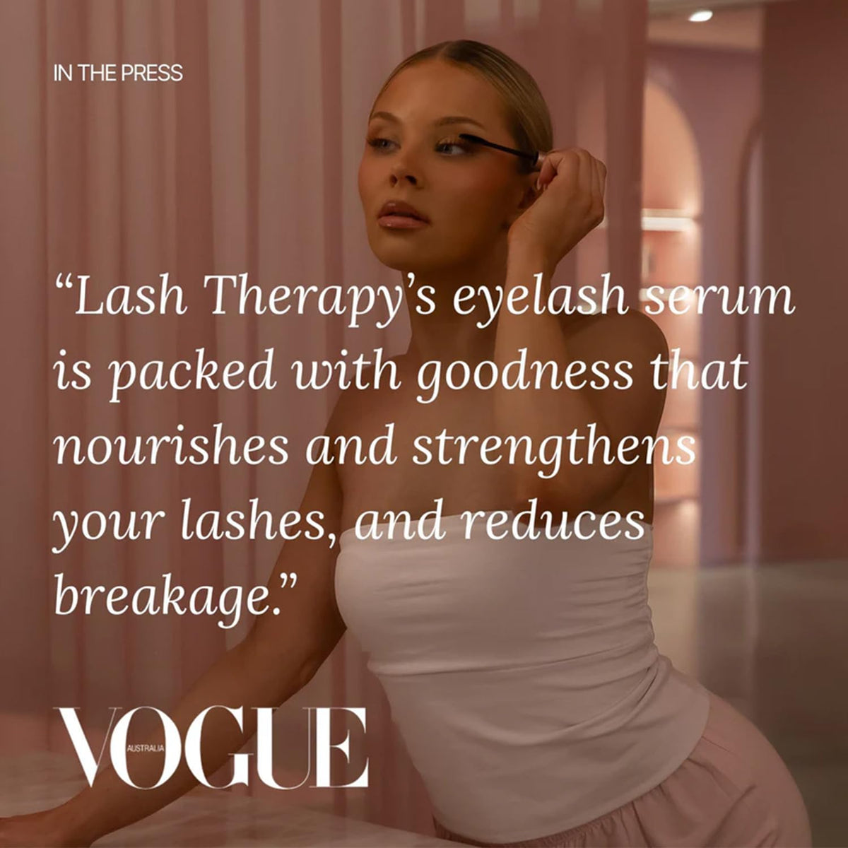 Lash Therapy Australia on a bathroom shelf lifestyle shot showing daily routine convenience