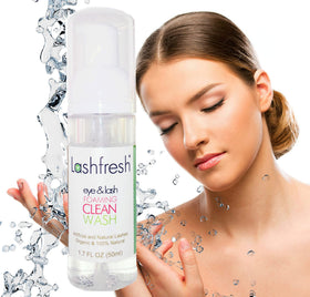 Close-up of Lashfresh foam texture on hand, shows soft lather and natural ingredients