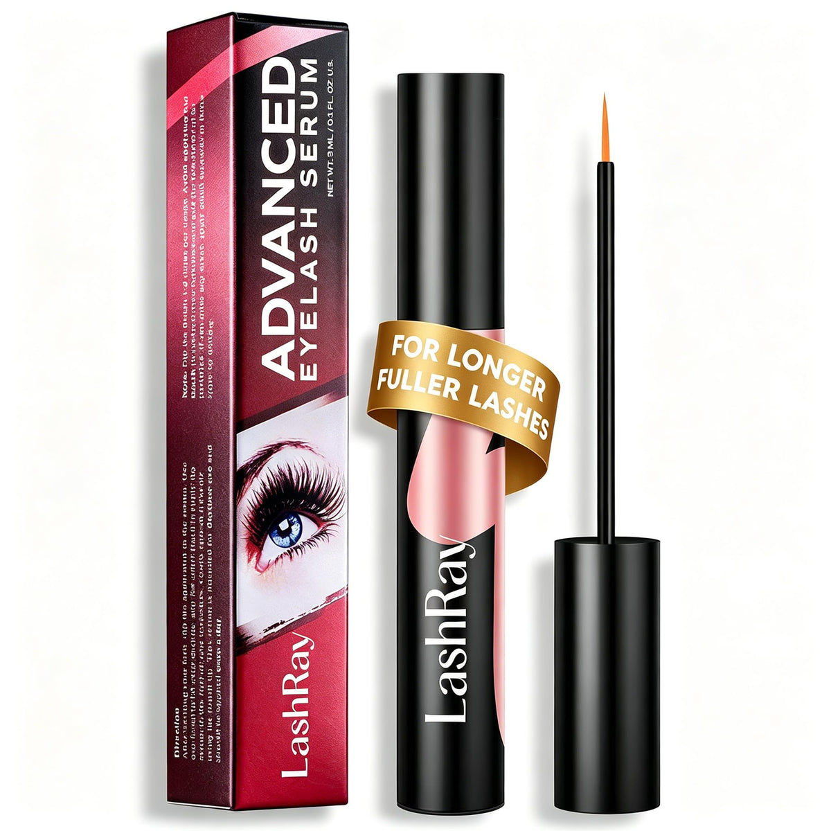 lashray front packaging showing bottle and box, brand clarity and product benefit