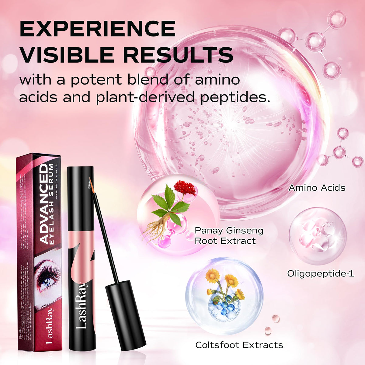 lashray size comparison 0.1 oz bottle next to common items to show compact travel-friendly size