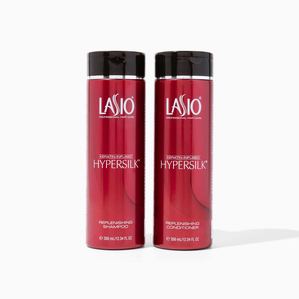 Lasio front packaging of shampoo and conditioner showing complete nourishing set