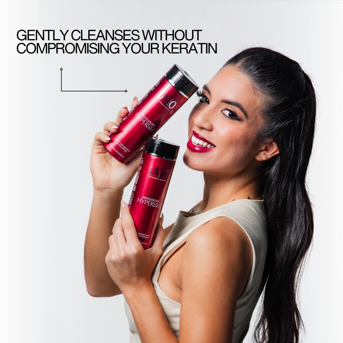 Lasio label close-up highlighting keratin, jojoba and amber benefits