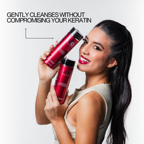 Lasio label close-up highlighting keratin, jojoba and amber benefits