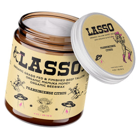 LASSO TALLOW jar front view showing label and compact packaging benefit clarity