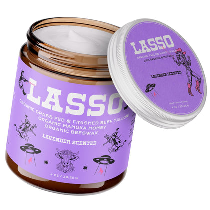 LASSO TALLOW front jar showing label and amber glass for shelf stability
