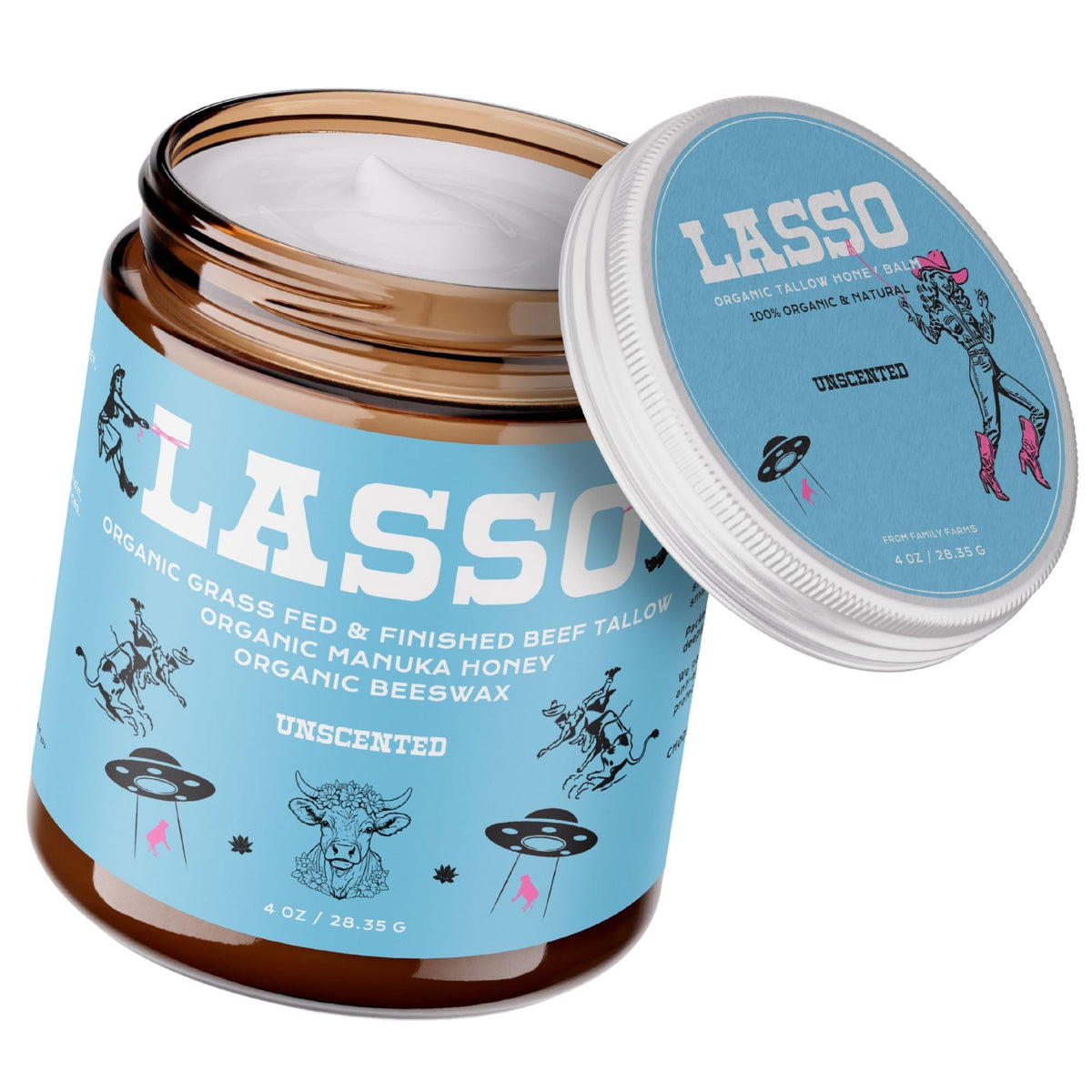 LASSO TALLOW front jar view showing clean glass packaging and label benefit