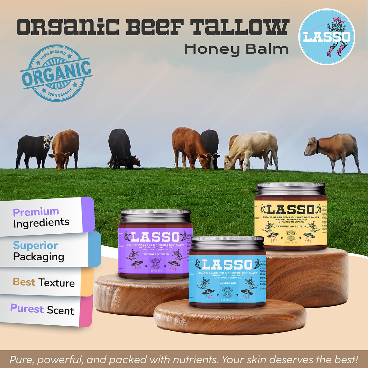 LASSO TALLOW ingredients flatlay with tallow, frankincense, citrus, Manuka honey benefit transparency