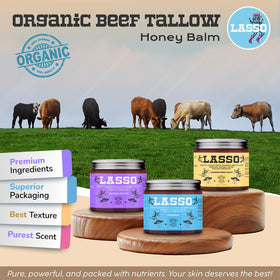 LASSO TALLOW ingredients flatlay with tallow, frankincense, citrus, Manuka honey benefit transparency