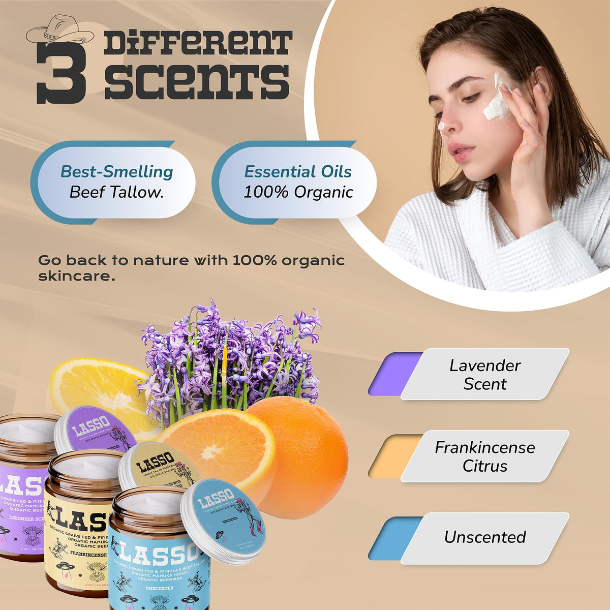 LASSO TALLOW jar opened showing firm balm that warms with skin contact