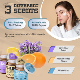 LASSO TALLOW jar opened showing firm balm that warms with skin contact