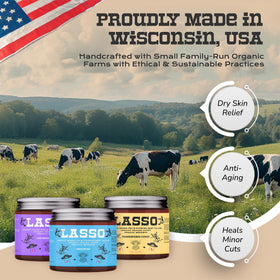 LASSO TALLOW open jar close-up showing balm texture and quick absorption benefit