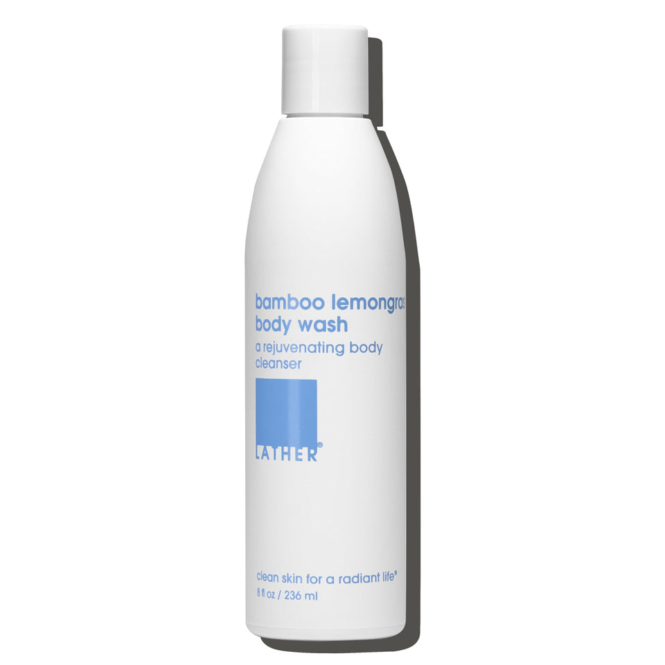 LATHER front bottle view showing packaging and bamboo lemongrass scent benefit