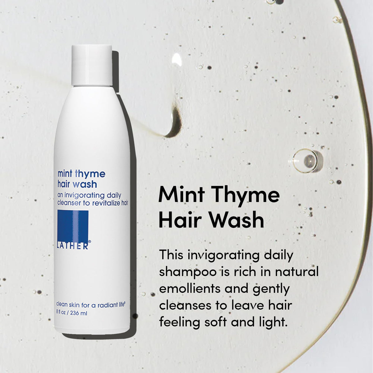 LATHER bottle pump dispensing shampoo into hand to show convenient travel-friendly use
