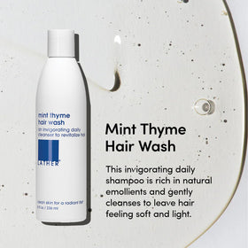 LATHER bottle pump dispensing shampoo into hand to show convenient travel-friendly use