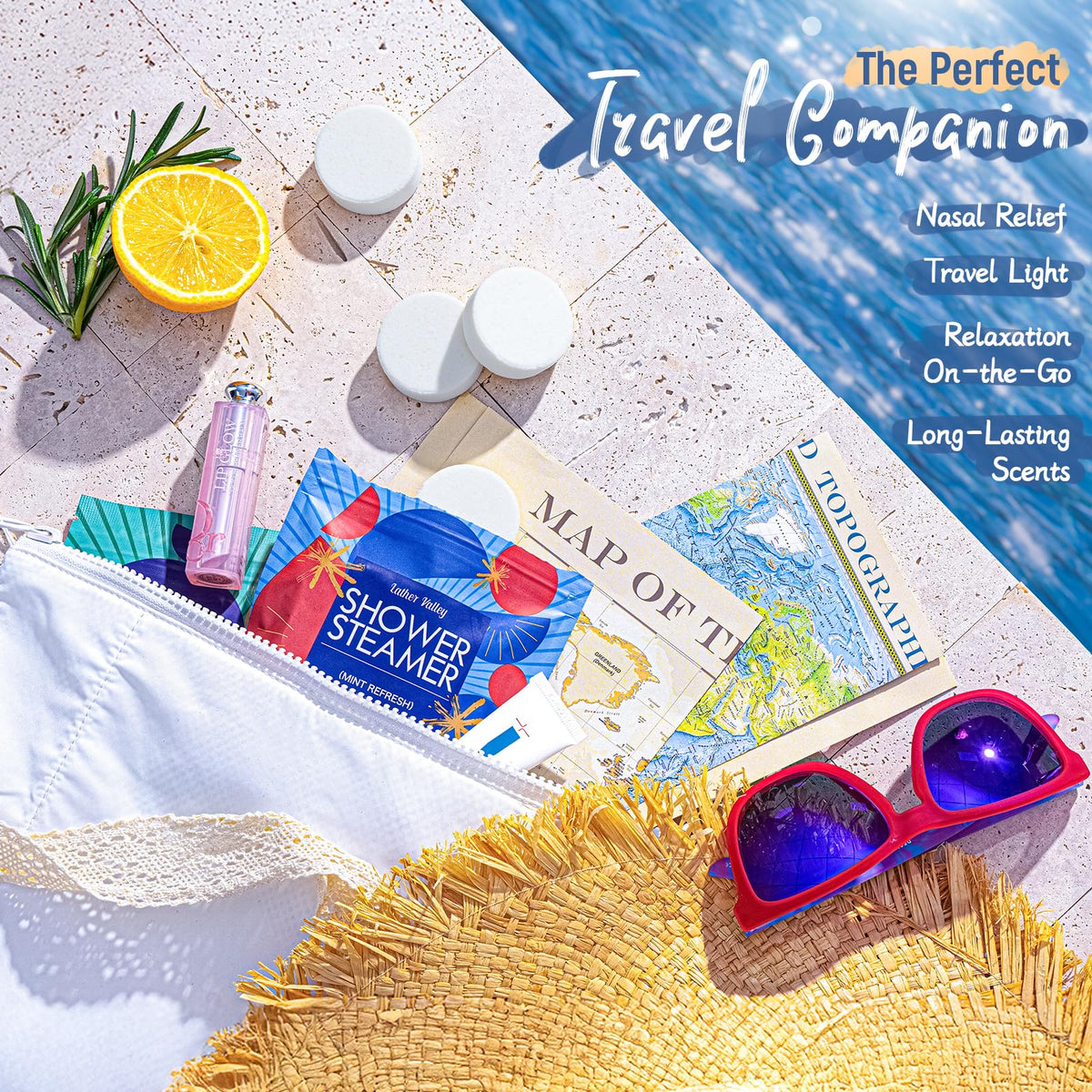 Lather Valley shower steamers staged in bathroom for spa-like self-care display