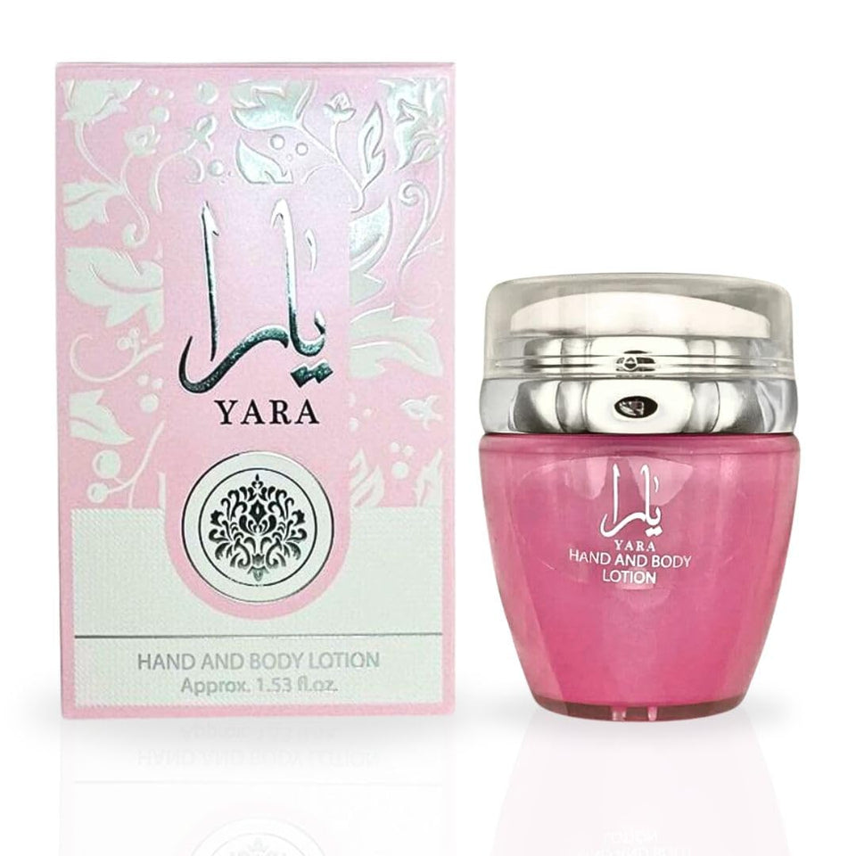 Lattafa YARA front bottle view showing compact travel size and scented appeal
