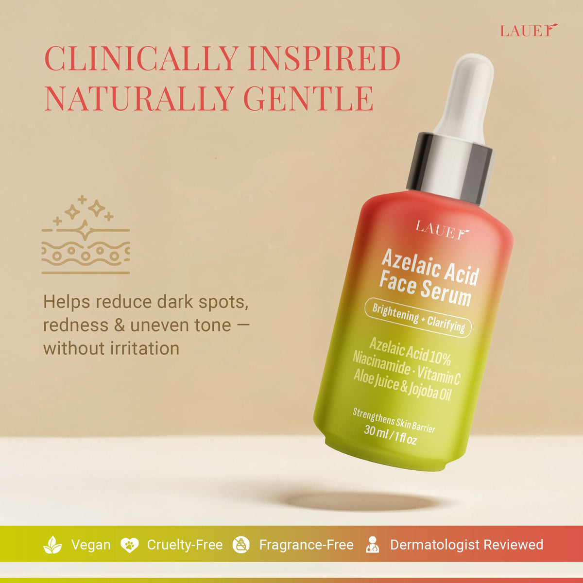 LAUER COSMETIC ingredient label closeup listing azelaic acid and actives