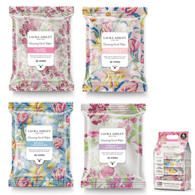 Laura Ashley front packaging showing four tubs and total 120 wipes for convenience