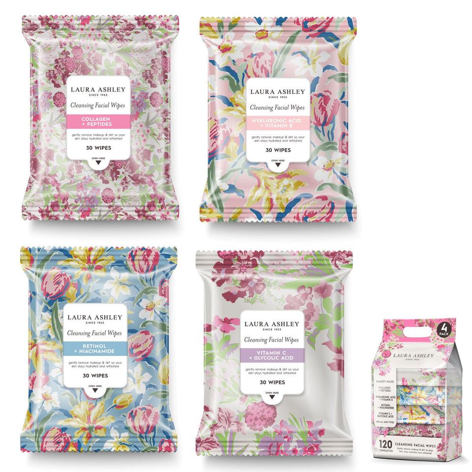 Laura Ashley front packaging showing four tubs and total 120 wipes for convenience