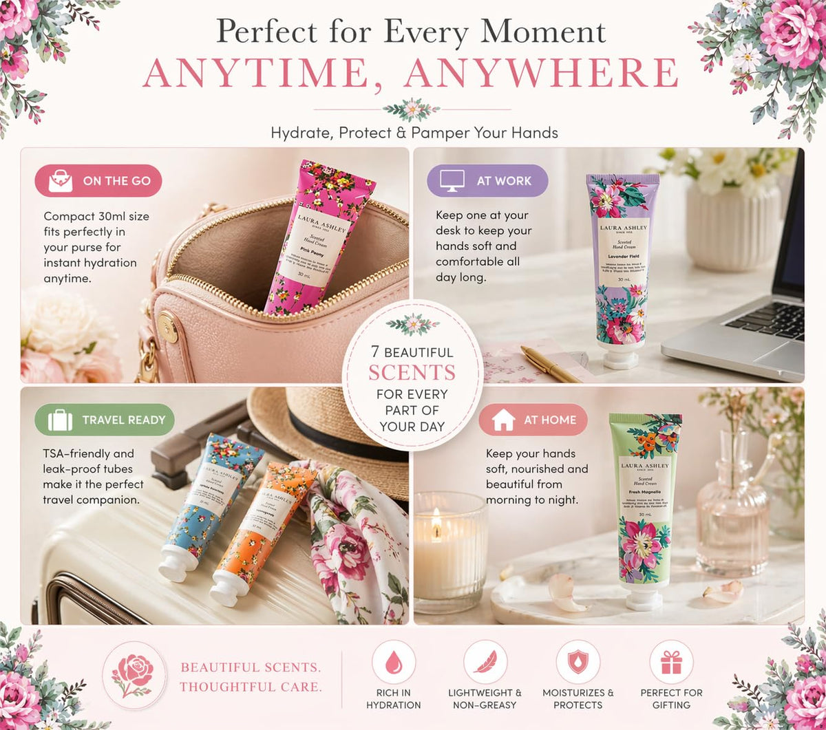Laura Ashley tubes styled on a bathroom counter suggesting daily self-care ritual