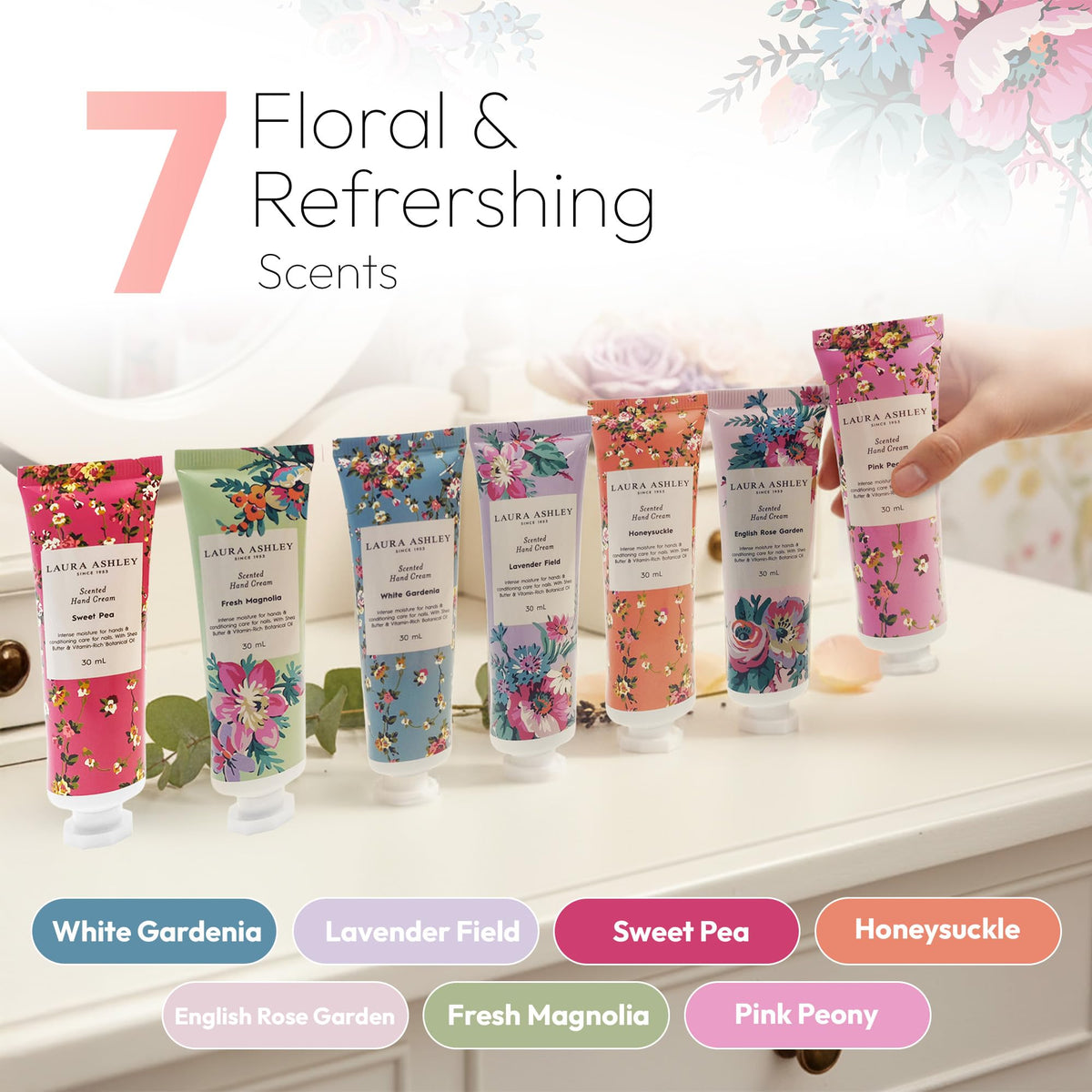 Laura Ashley seven tubes arranged to display all floral scents and variety