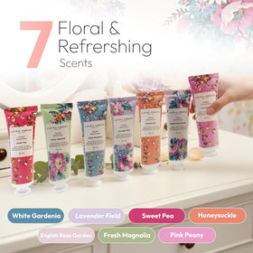 Laura Ashley seven tubes arranged to display all floral scents and variety