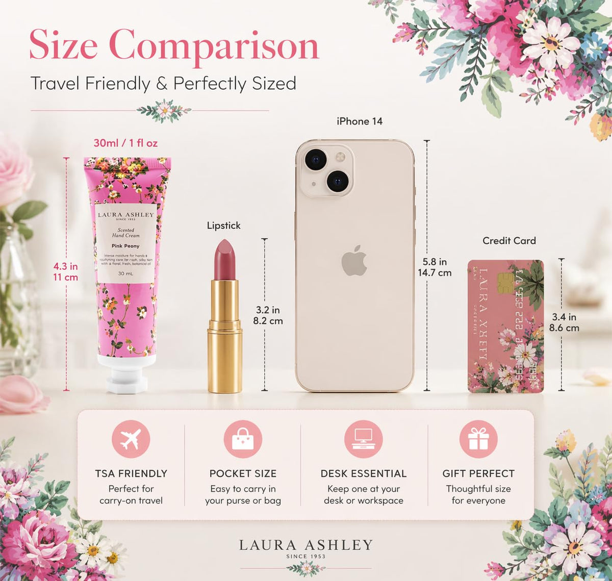 Laura Ashley tube placed in a purse illustrating portability and on-the-go use