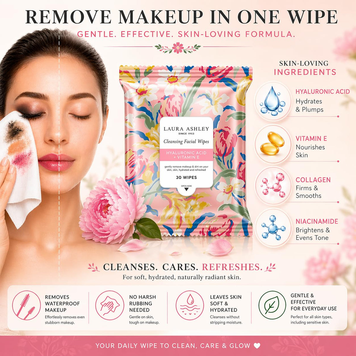 Laura Ashley wipes in a travel bag, ideal for on-the-go cleansing benefit