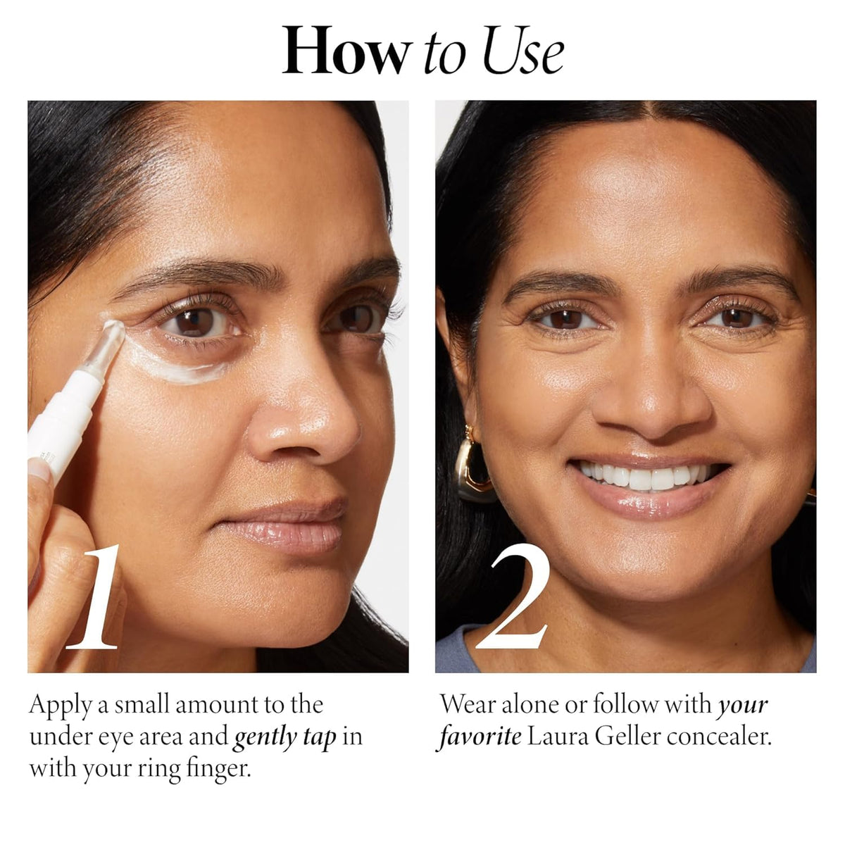 LAURA GELLER finger applying primer under eye to demonstrate easy blending and prepping for concealer