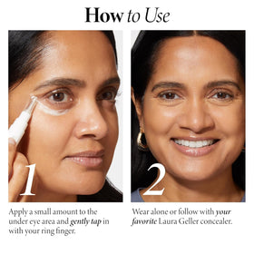 LAURA GELLER finger applying primer under eye to demonstrate easy blending and prepping for concealer