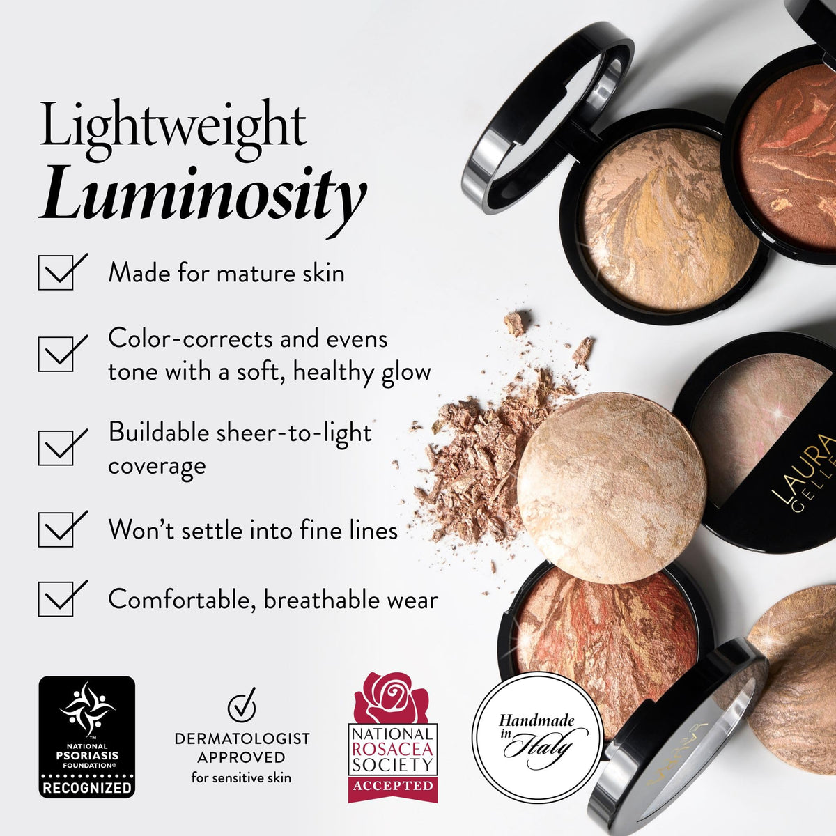LAURA GELLER powder swatched on fair skin for even coverage and natural radiance