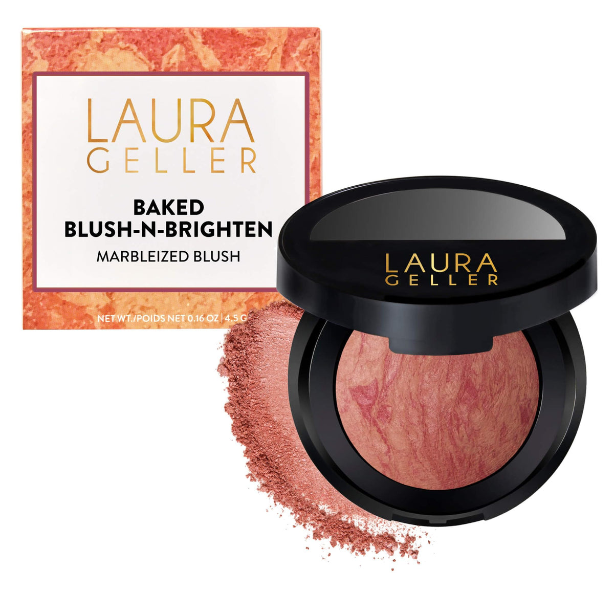 LAURA GELLER front pan showing tropical peach shade and compact finish benefit: clear shade view