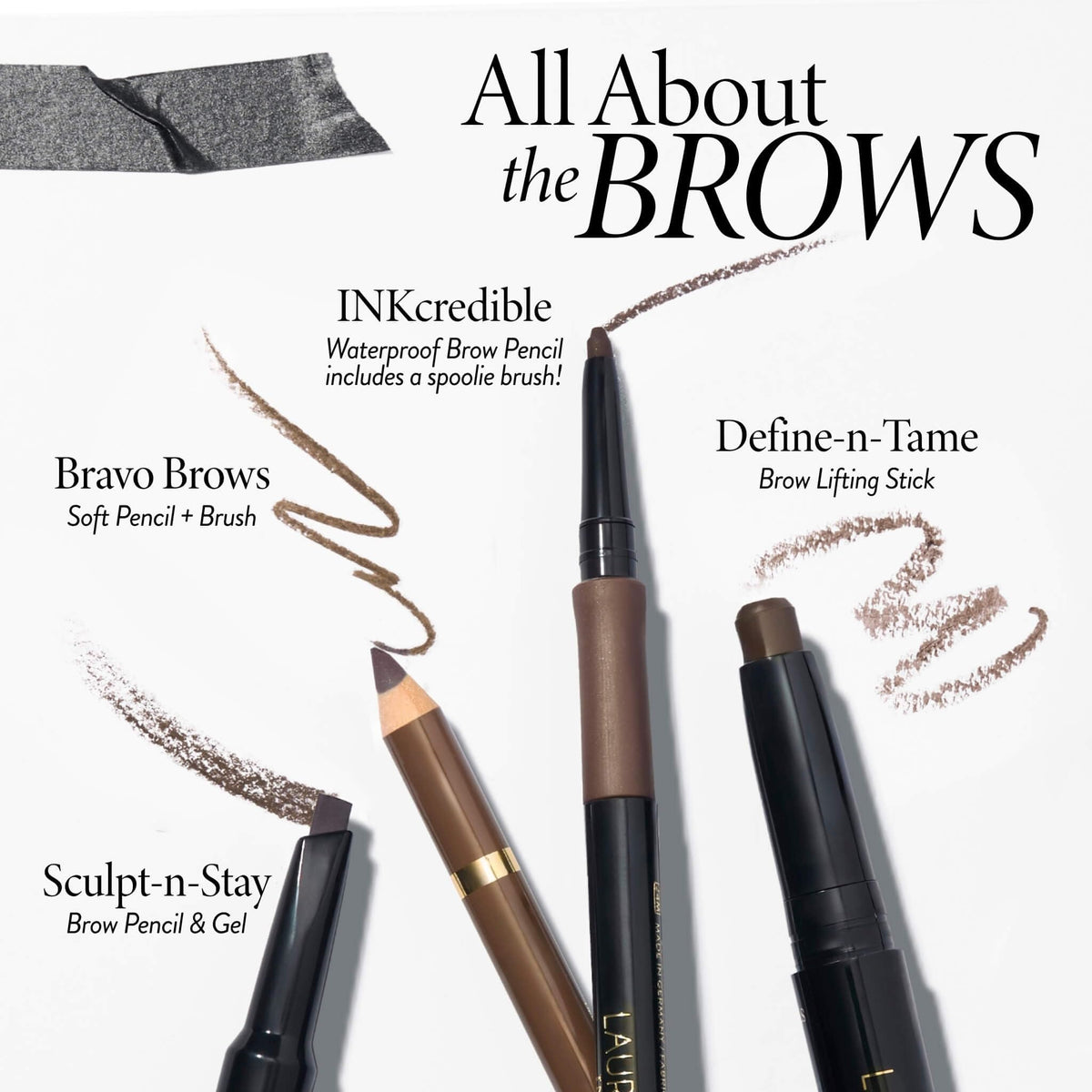 LAURA GELLER NEW YORK flatlay with pencil and makeup items for daily routine