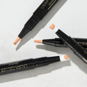 LAURA GELLER NEW YORK on a vanity with brushes showing everyday routine and polished results