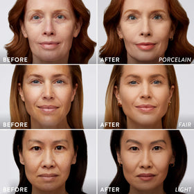 LAURA GELLER powder finish on skin demonstrating matte natural look
