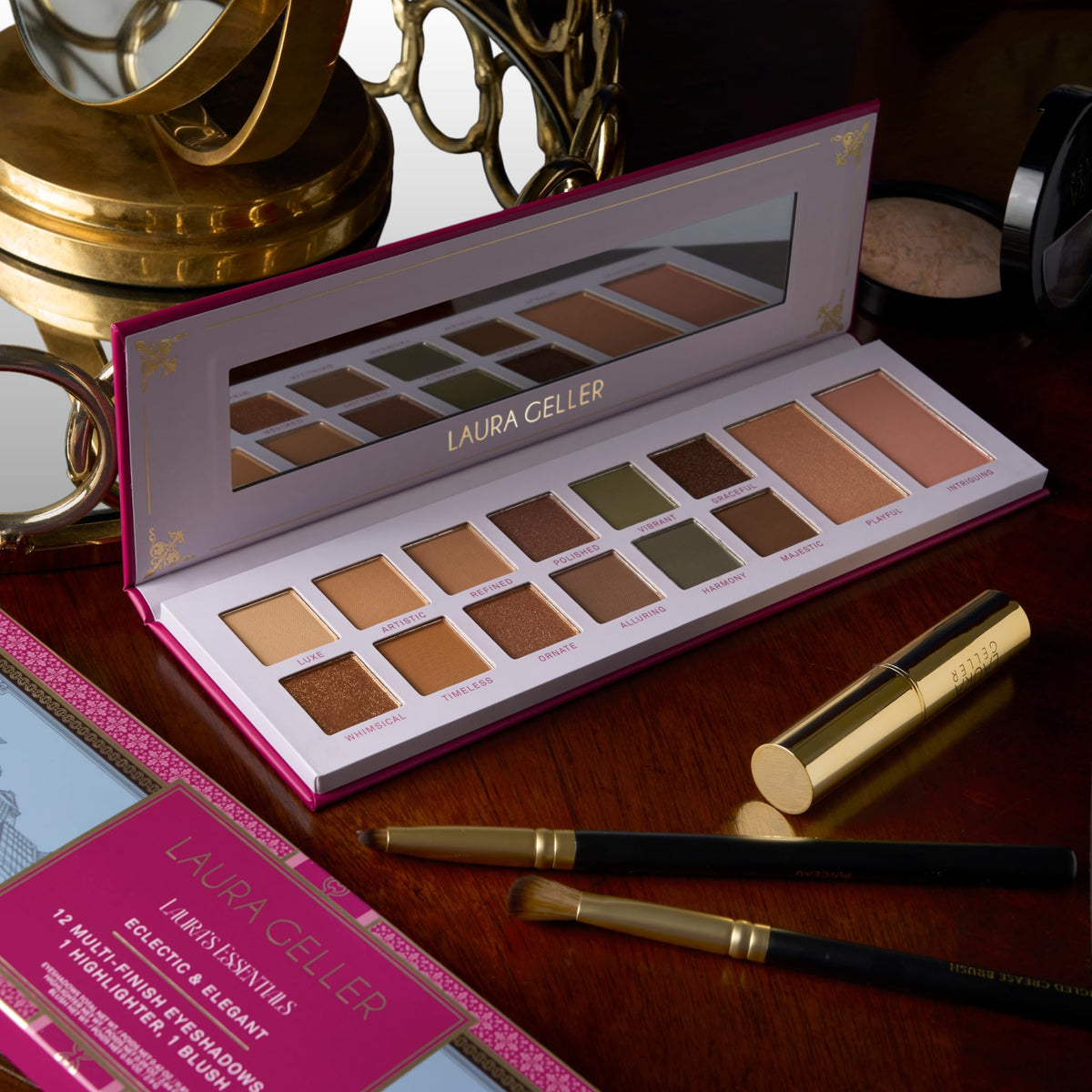 LAURA GELLER NEW YORK palette held in hand illustrating compact size and travel ready benefit