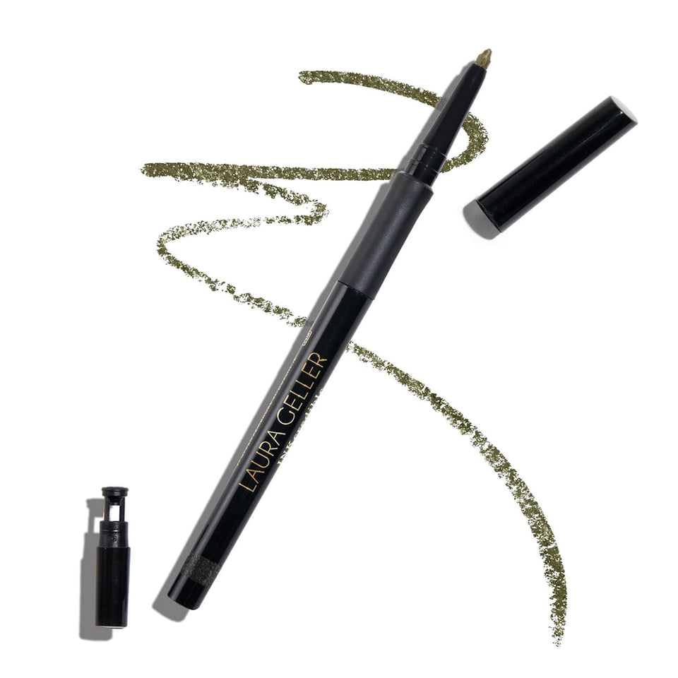 LAURA GELLER NEW YORK front packaging showing olive pencil and cap benefit travel-ready