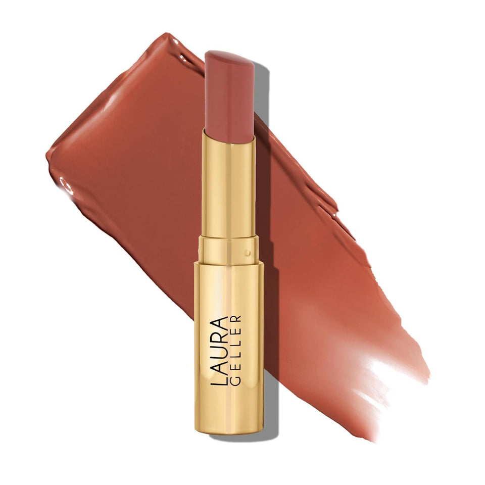 LAURA GELLER NEW YORK front tube of Jelly Balm Cocoa-Motion shows easy application benefit