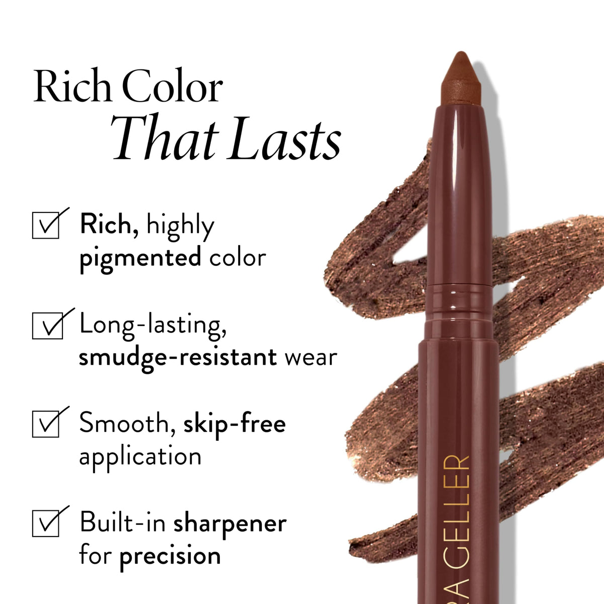 LAURA GELLER NEW YORK swatch on skin displays rich dark brown color