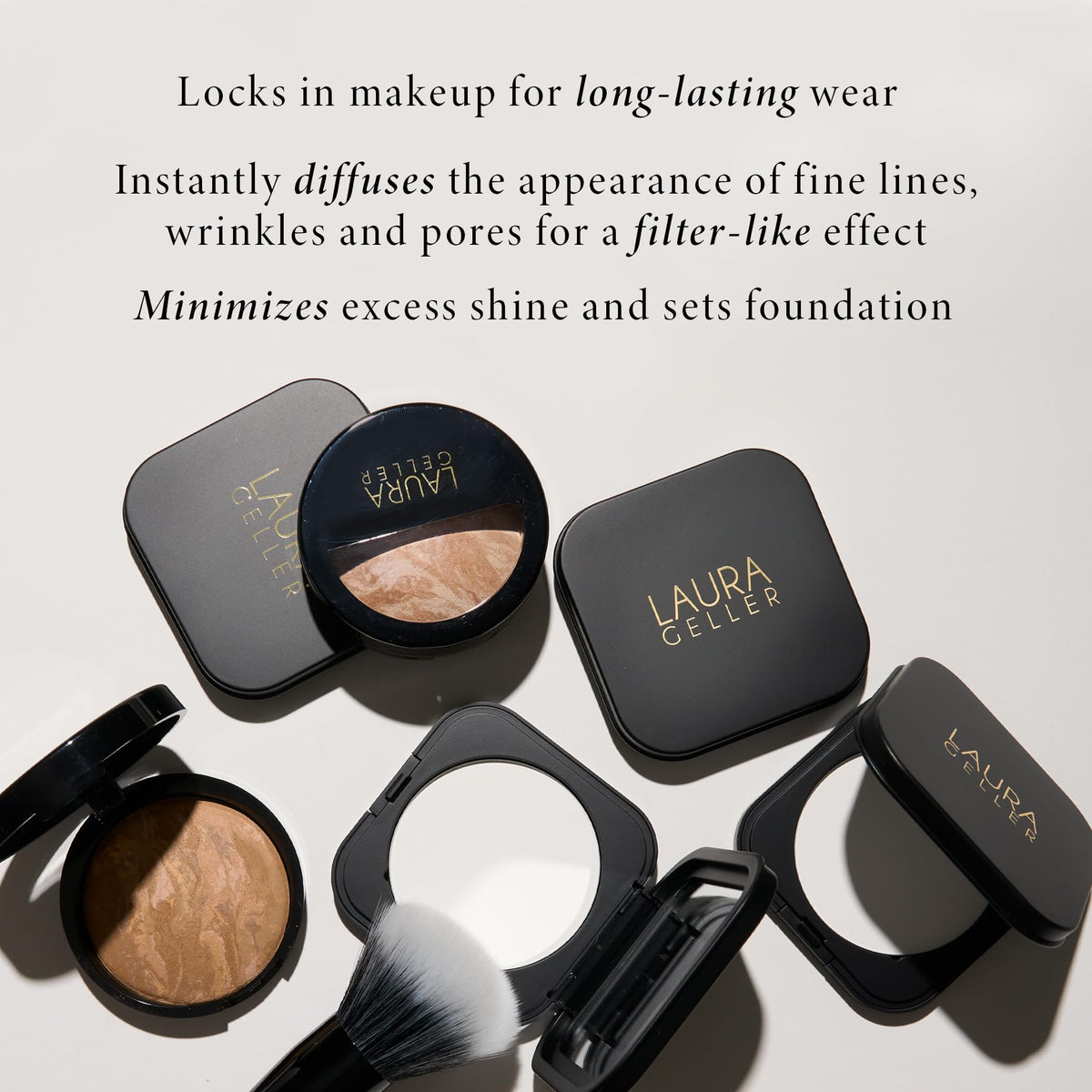 LAURA GELLER NEW YORK opened pressed powder displaying smooth surface and easy access