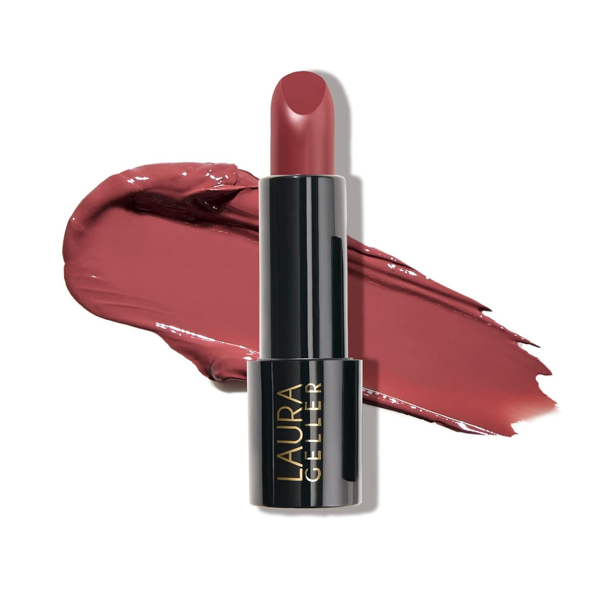 LAURA GELLER tube front view showing mauve shade and elegant packaging benefit