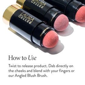 LAURA GELLER NEW YORK blush applied on model cheeks showing dewy, hydrated radiance