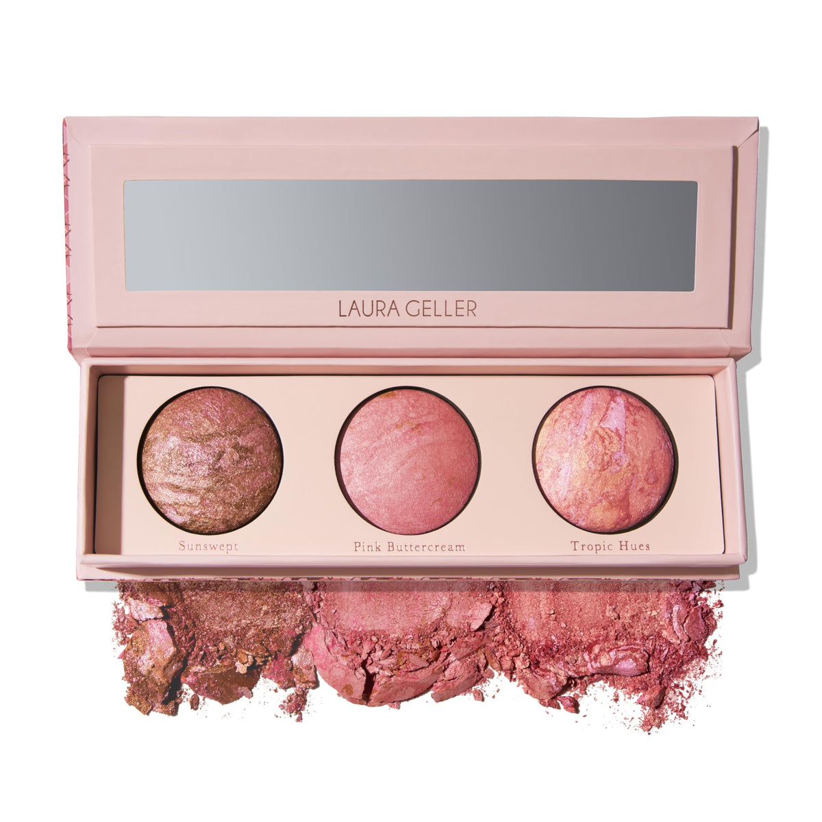 LAURA GELLER NEW YORK palette front view showing three marbleized blushes for versatile looks