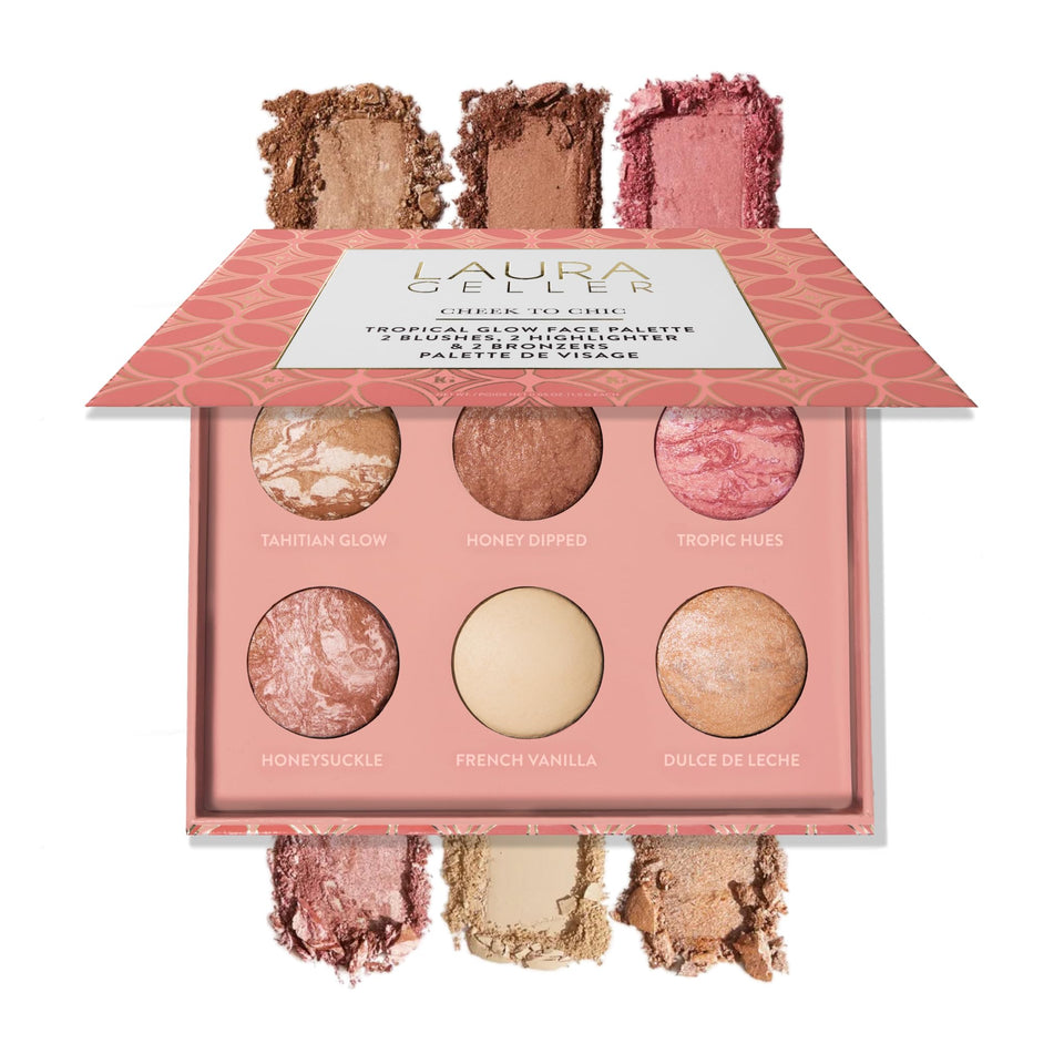 LAURA GELLER NEW YORK open palette showing two blushes two bronzers two highlighters for versatile looks