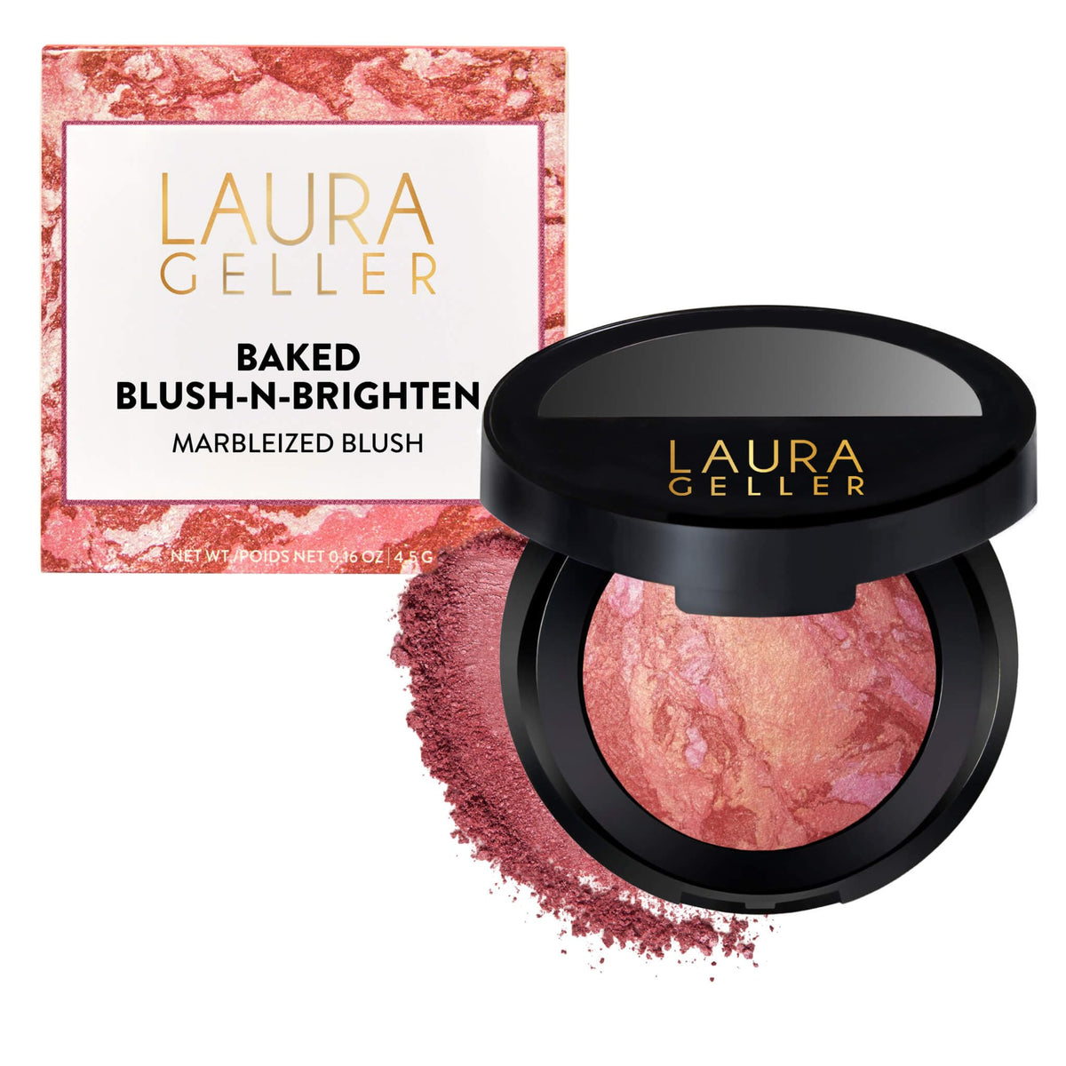 LAURA GELLER NEW YORK front view of Tropic Hues blush shows true shade and benefit
